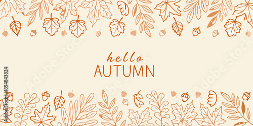Delicate fall leaves and handwritten hello autumn text on a cream background