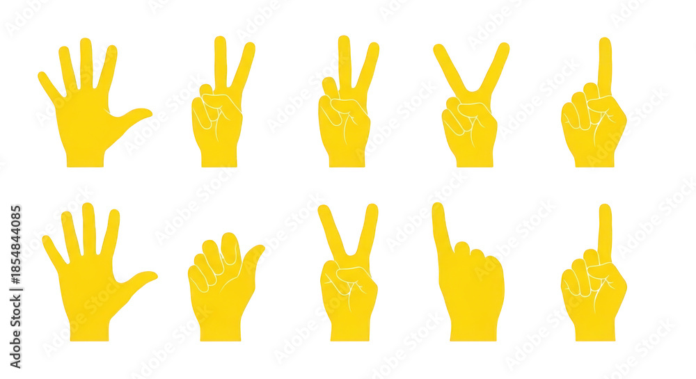 Fototapeta premium Ten Yellow Hands Displaying Numbers Zero Through Five isolated on a transparent background