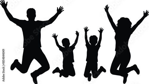 Silhouettes of family jumping in joy, black figures, arms raised, celebration pose, unity gesture, children and adults, white background, expressive movement