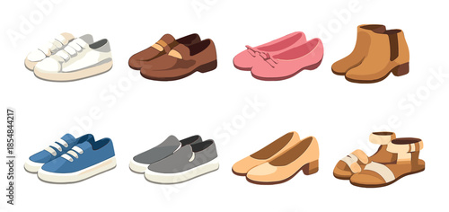 Collection of various stylish shoes on gradient background