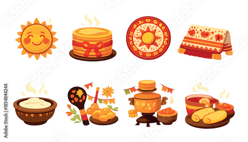 Colorful russian maslenitsa celebration with traditional foods and festive icons