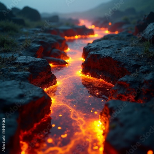Molten lava flows beautifully through rugged terrain at dusk Generative AI