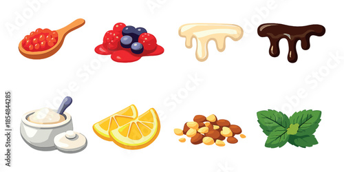 Colorful selection of ingredients and toppings including berries, lemon, nuts, honey, and mint