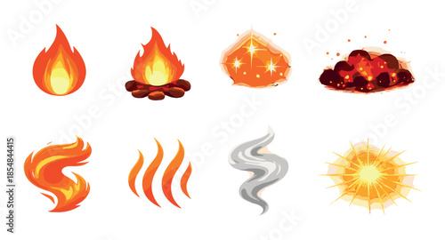 Set of eight glowing element symbols featuring fire, smoke, and light