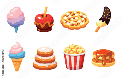 Colorful assorted carnival treats including candy apple and ice cream