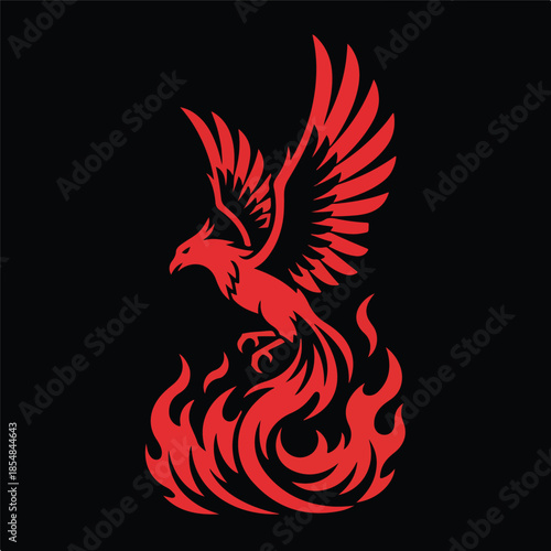 Majestic Red Phoenix Rising from Intense Fiery Flames.