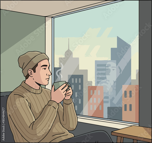 Man in beanie contemplates city view while holding warm beverage.