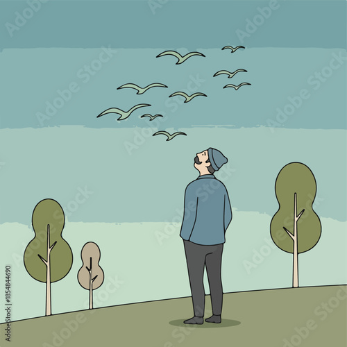 Man in Beanie Gazing at Birds in Flight.