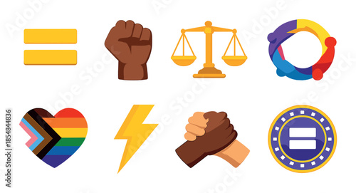 Diverse emoji symbols representing equality, justice, and unity in vibrant colors