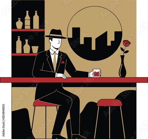 Man in Suit at Bar with Drink and Rose.