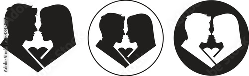 Romantic couple moment flat icon set. Vectors illustration graphic depicting man and woman heart silhouette profile face to face love relationship valentine day elements. Wedding dating symbols.