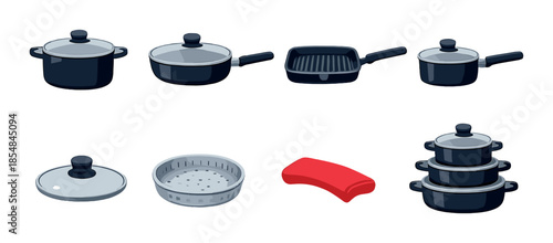 Assorted cookware set with lids, pans, and stackable pots on gray background