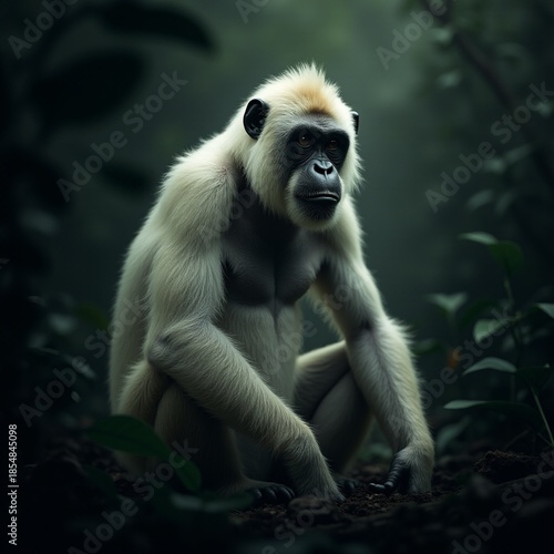 AI generated. Misty background emphasizes natural habitat as focused gibbon observes