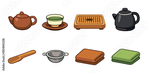 Tea ceremony essentials: teapot, cup, strainer, towels, teapot, teacup