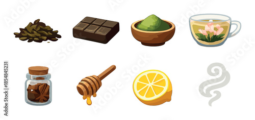 Culinary ingredients: chocolate, green tea, spices, honey, lemon, herbal tea