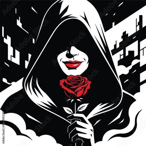 Mysterious Figure in Hood Holding a Red Rose.