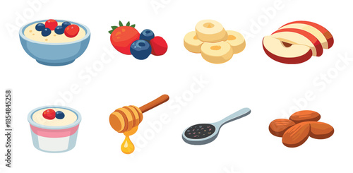 Healthy breakfast ingredients: berries, sliced fruit, honey, yogurt, almonds, and seeds