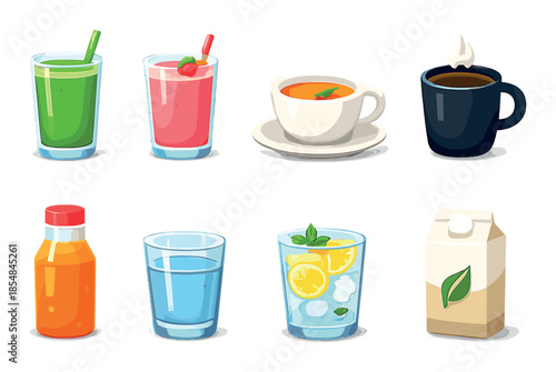 Colorful assortment of refreshing beverages including juice, coffee, and tea