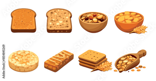 Assorted grains and cereals: bread, bowls, and snacks in warm tones