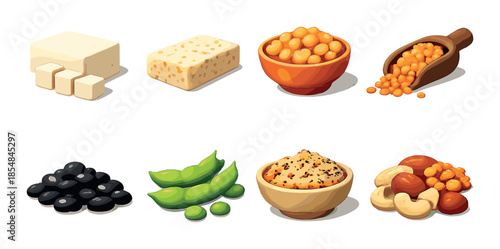 Assorted proteins and legumes: tofu, lentils, black beans, edamame, hummus, nuts