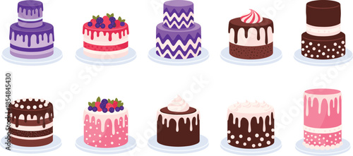 Delicious birthday cake vector collection with chocolate strawberry and vanilla flavors for celebration party events and bakery shop