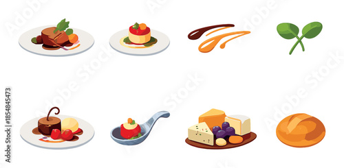 Colorful gourmet food selection: meat, desserts, cheese, bread, garnishes