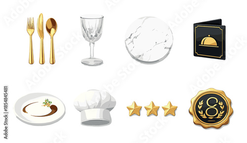 Luxury dining icons: golden cutlery, wine glass, chef hat, menu, rating