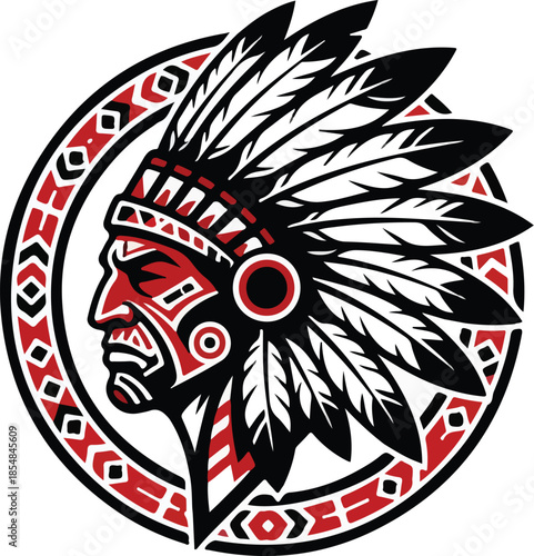 Native American Chief Head with Feathers and Tribal Circle.