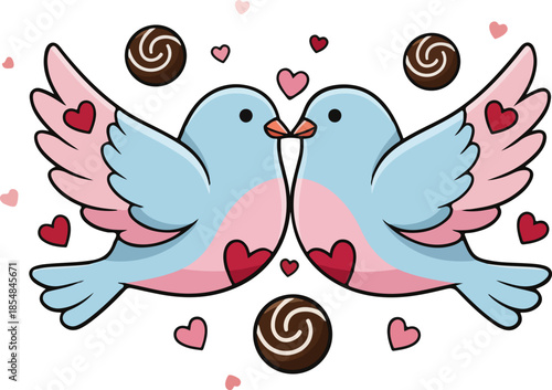 Two lovebirds with chocolate hearts