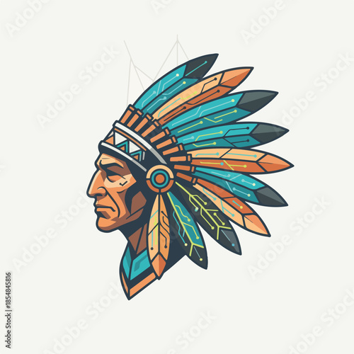 Native American Chief Head with Headdress in Profile.