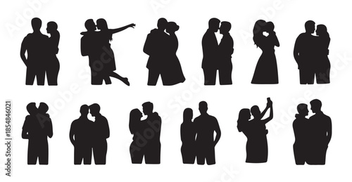 Couple in love silhouettes set. romantic embrace, kissing, hugging, and dancing people