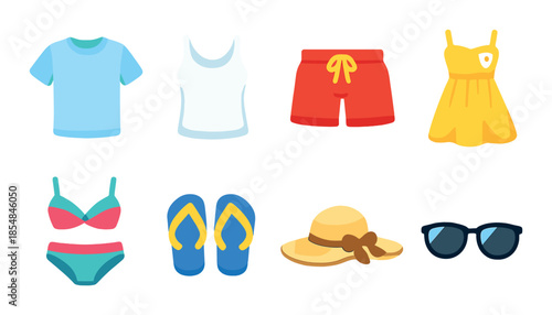 Neon summer clothing icons featuring swimwear and accessories