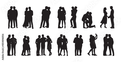 Couples embracing and holding hands silhouette vector graphics set