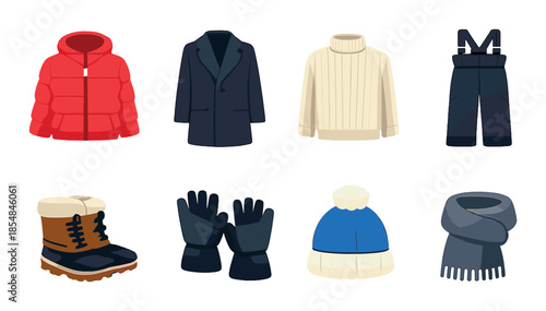 Winter clothing collection: jackets, sweaters, boots, gloves, hats, scarves, pants