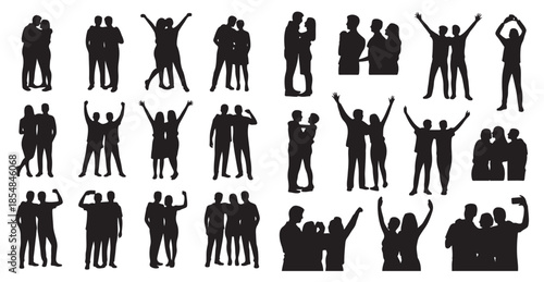 Happy diverse people celebrating with arms raised silhouette vector illustrations