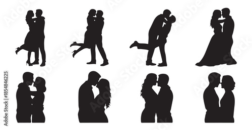 Romantic couples silhouettes kissing and hugging showing passion and emotional connection