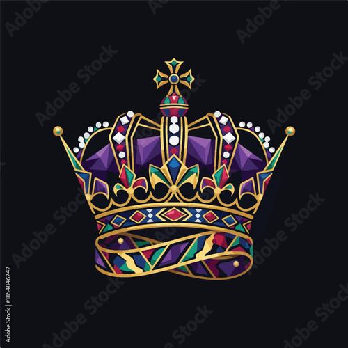 Ornate Crown with Jewels and Intricate Gold Detailing on Black Background.