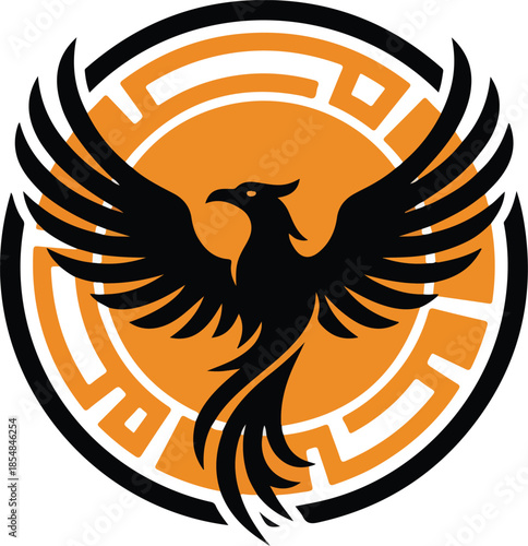 Phoenix emblem with spread wings against a labyrinthine circle symbolizing rebirth and resilience.