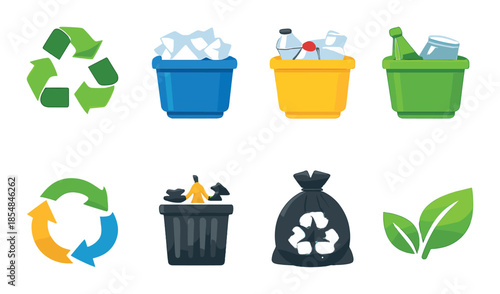 Colorful recycling and waste management icons with green eco symbols