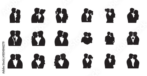 Kissing couples set with people in love showing affection romance and intimate moments