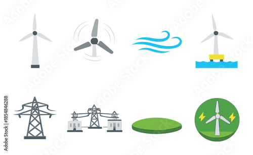 Wind energy icons highlighting turbines transmission and sustainability concepts