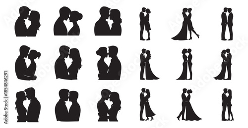 Romantic couples set with people hugging and kissing love affection and intimate relationship