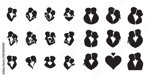 Kissing couple silhouette collection romantic icons and love symbols for wedding decoration