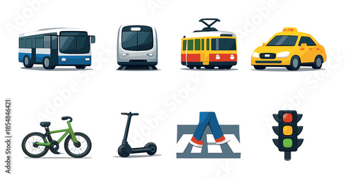 Urban transportation icons: bus, train, tram, taxi, bike, scooter, pedestrian, traffic light