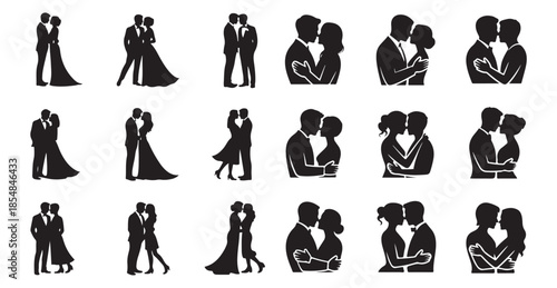 Wedding couple silhouettes in formal attire for luxury marriage invitations and event decor