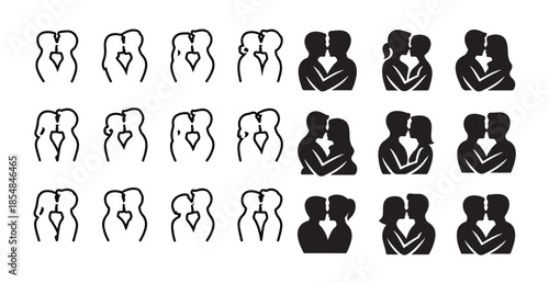 Romantic line art and solid silhouette icons of couples embracing for minimal design projects