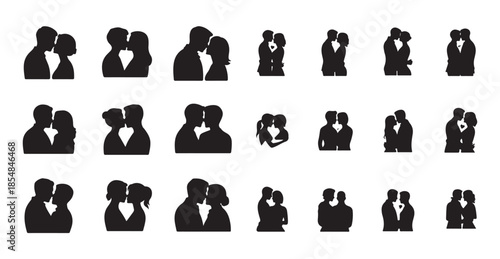 Intimate couple head silhouettes profile view for modern love identity and brand logos set