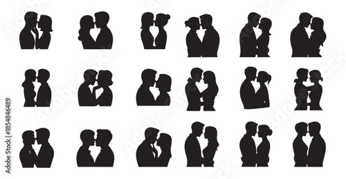 Silhouettes of couples sharing romantic moments together showing love affection and passion