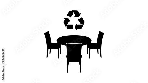 Vector illustration of a recycling symbol above a dining table with chairs, representing sustainability and eco-friendly lifestyle.
