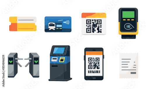 Modern transit payment icons featuring cards, qr codes, turnstiles, kiosk, and smartphone